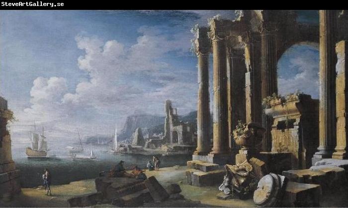 Leonardo Coccorante A capriccio of architectural ruins with a seascape beyond